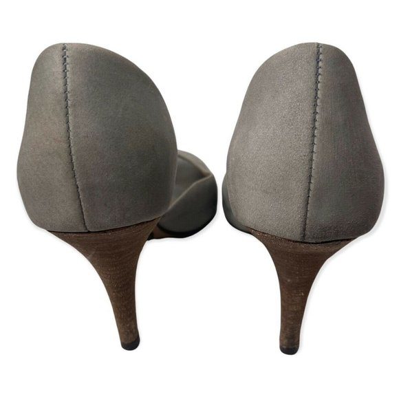 ELLUS Gray Suede Leather Peep Toe Stilleto D'Orsay Heels Size 8 Brown Heel a32 - Picture 7 of 8